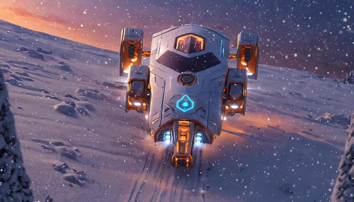 Futuristic Vehicle Speeds Through Snowy Landscape