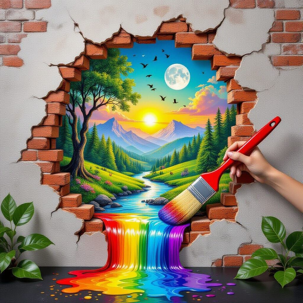 Surreal Landscape Revealed Through Torn Brick Wall