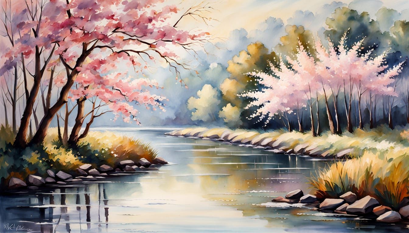 Serene River Landscape with Cherry Blossoms in Vermeer Style