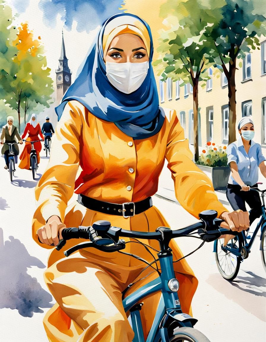 Smiling Hijabi Cyclist in Copenhagen: Watercolor Portrait