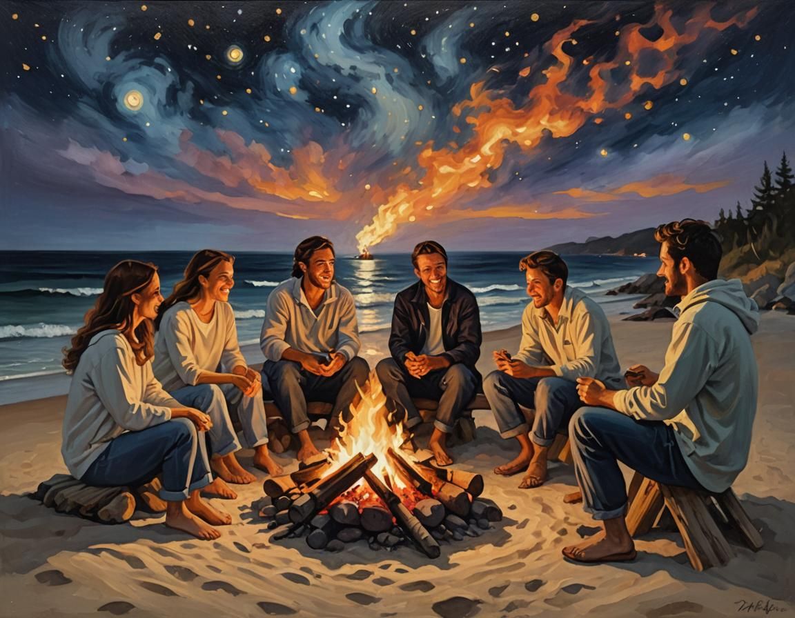 Friends Gather 'Round Campfire at Night: Oil Painting
