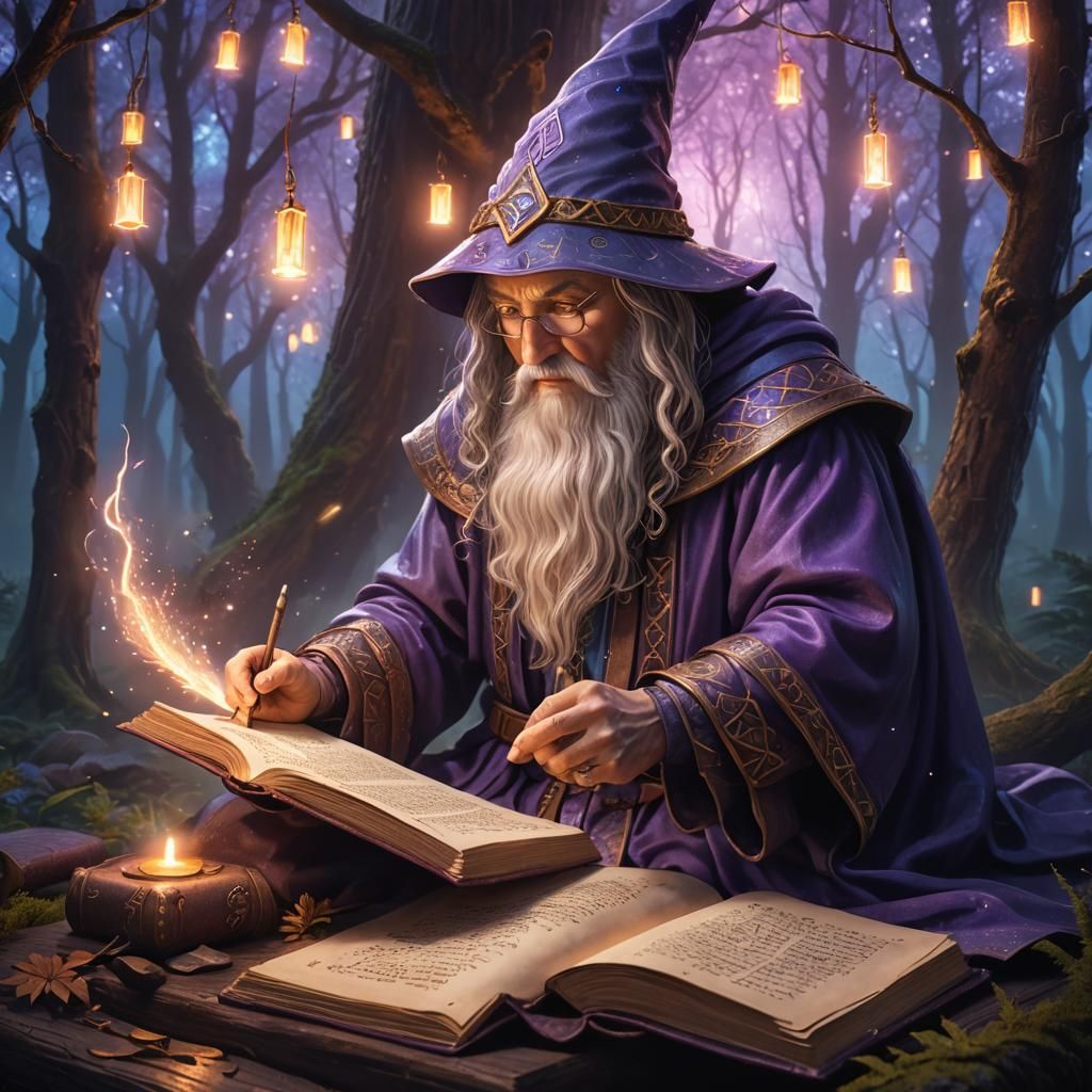 Wizard Writing Runic Script in Mystical Forest