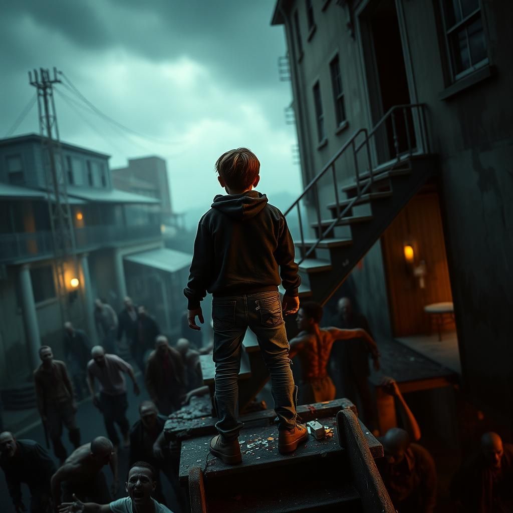 Boy Wields Power Against Zombie Horde in Cinematic Scene