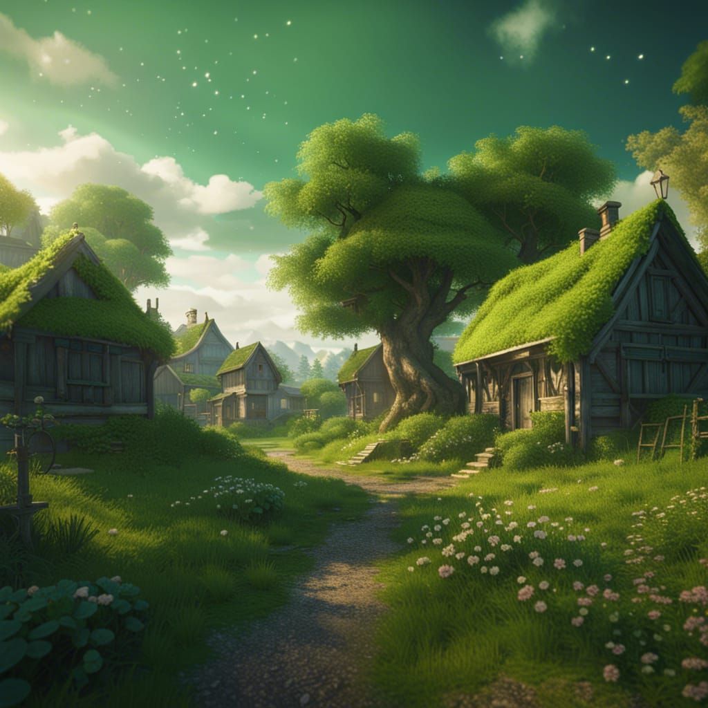 Green Village Landscape with Fox, Fantasy Concept Art