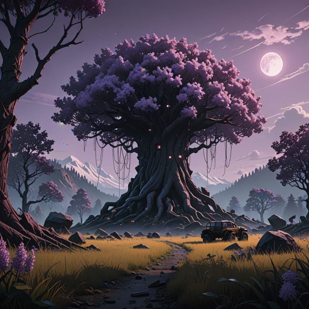 Mystical Lilac Landscape Under Black Moonlight