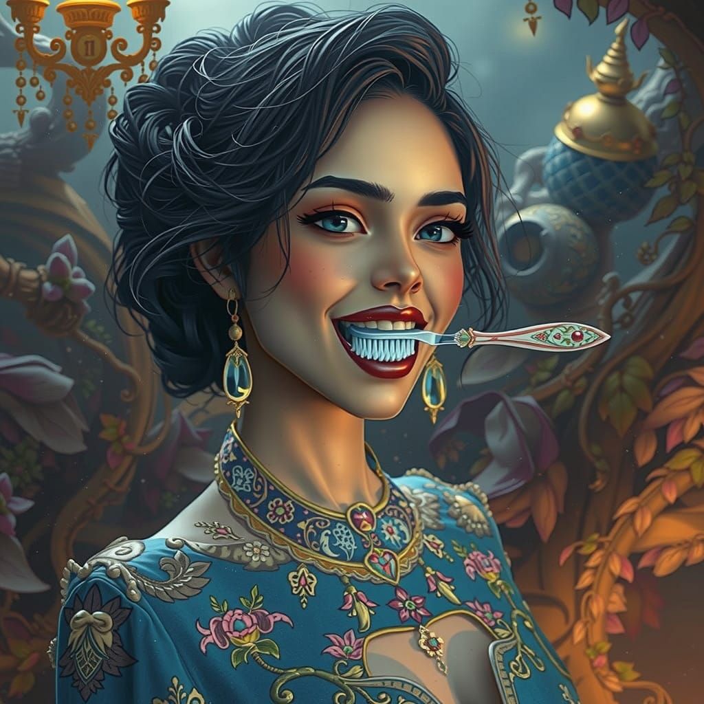 Woman in Whimsical Dreamscape with Toothbrush