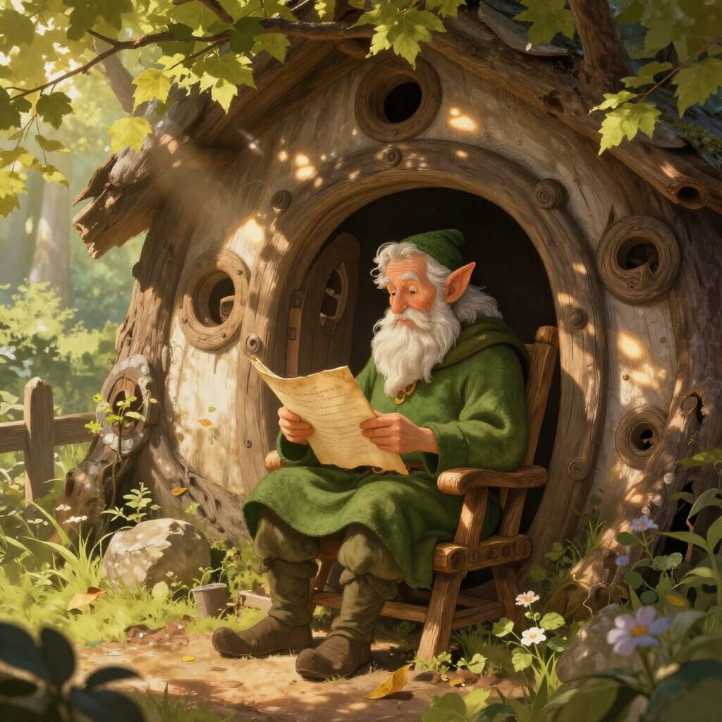 Wise Old Elf Reading by Acorn House in Storybook Style