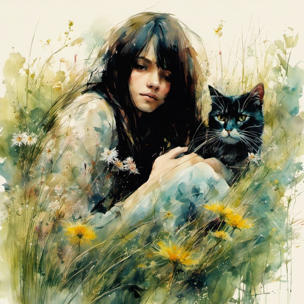 Girl and Cat Sleeping in Lush Summer Garden