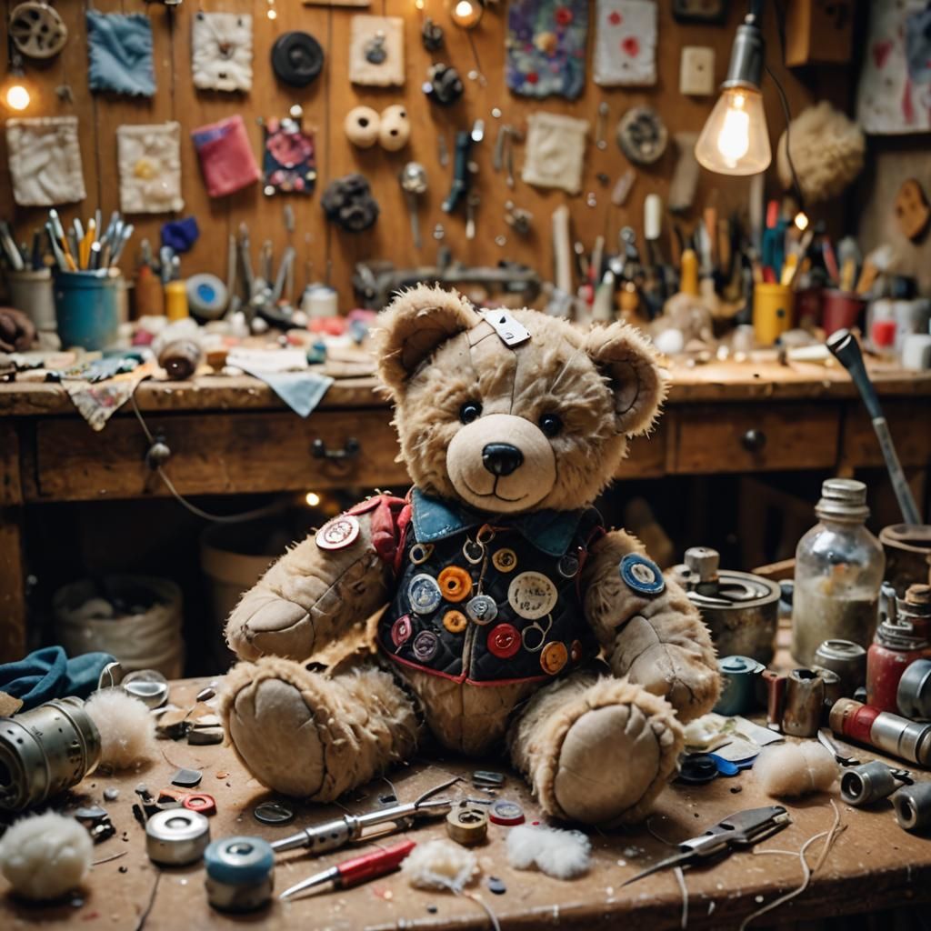 Maximalist Still Life: Patched Teddy Bear
