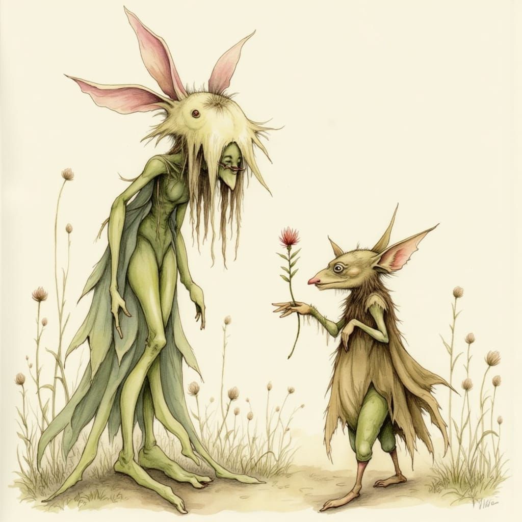Goblin Couple Offering Wildflower in Ethereal Light