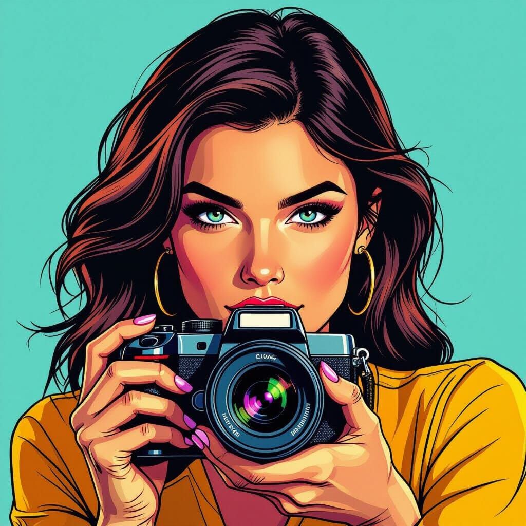 Hyperrealistic Comic Style Woman with Camcorder