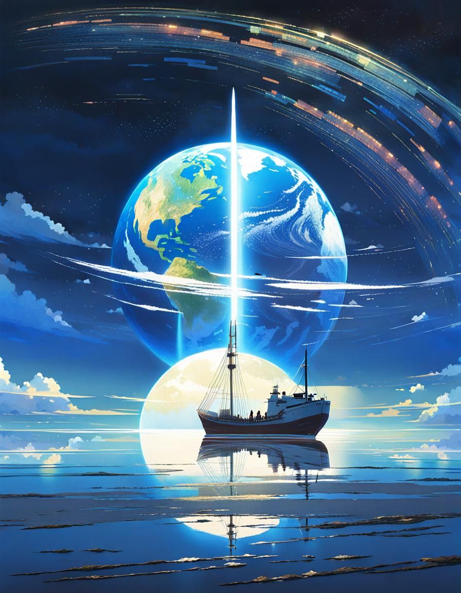 Cosmic Sandships Gaze Upon Earth in Shinkai Style