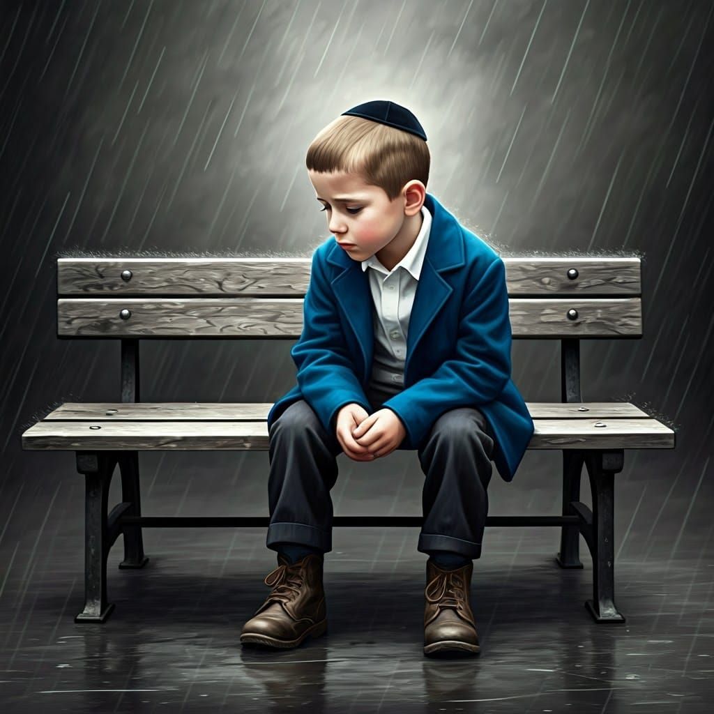 Contemplative Young Hasidic Boy in a Rainy Monochromatic Sce...