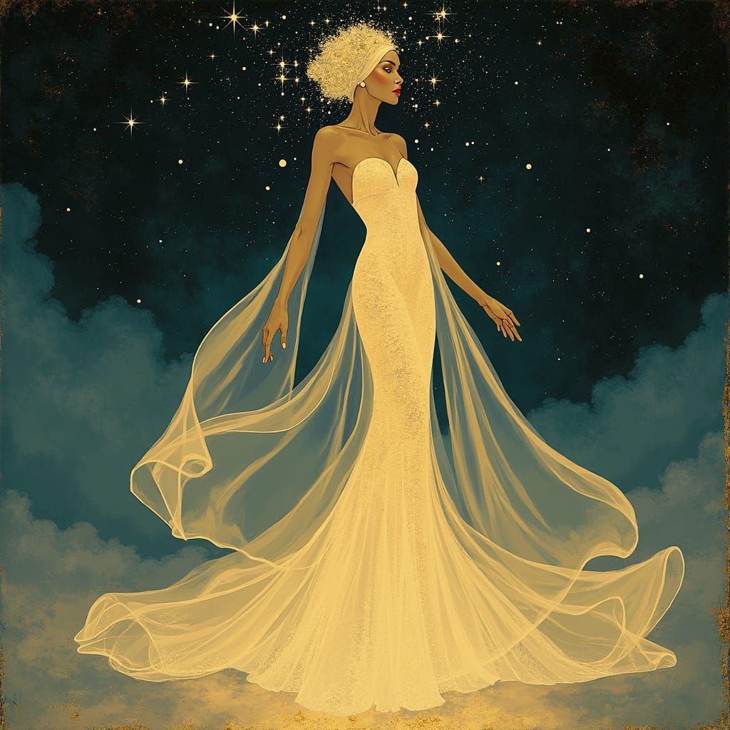 Deco Woman in Starlit Void, Surreal Art