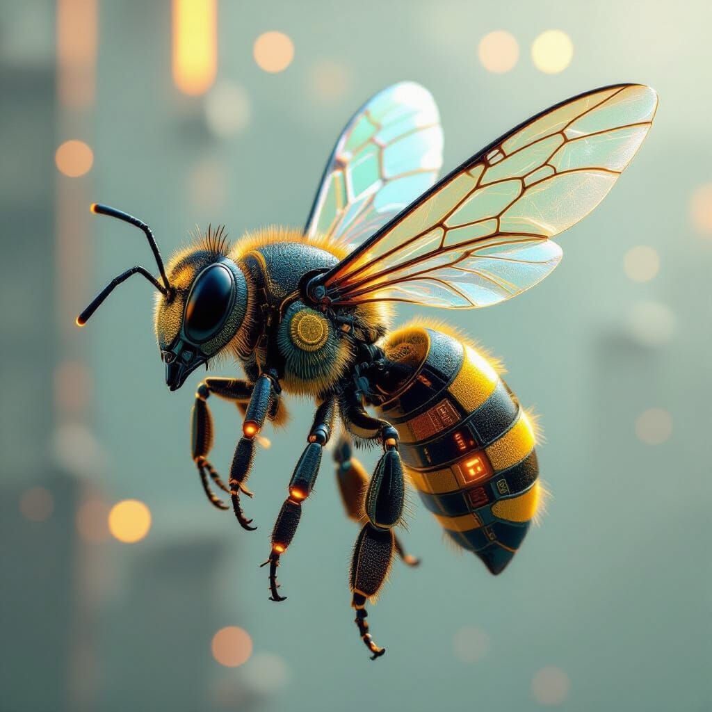Cybernetic Bee with Iridescent Exoskeleton in Neo-Futuristic...