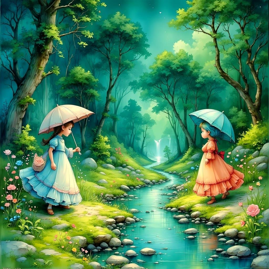 Vibrant Figures Run Through Starry Forest