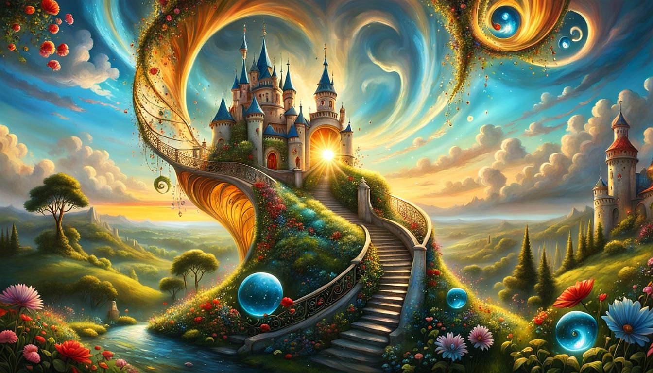 Surreal Yin Yang Landscape with Fairytale Castles
