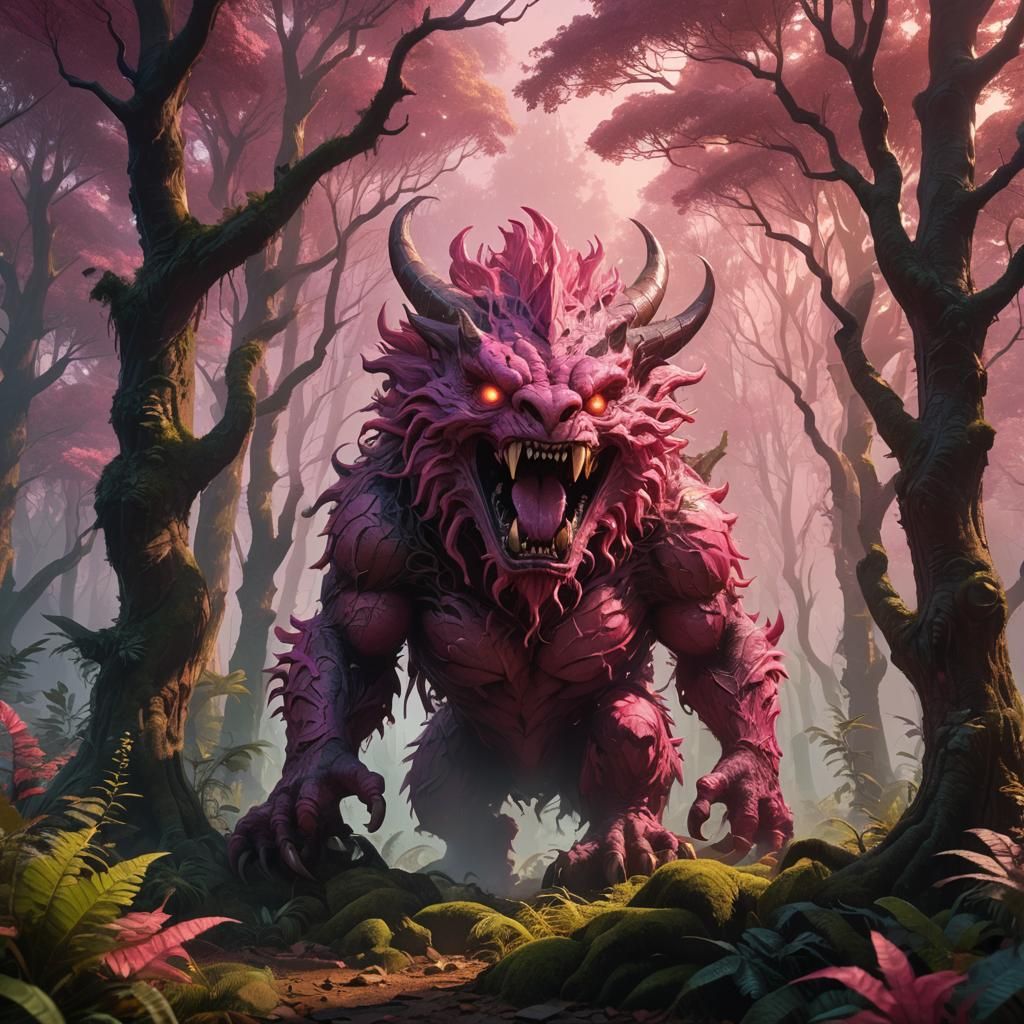 Pink Monster Roars in Mystical Forest, Fantasy Art