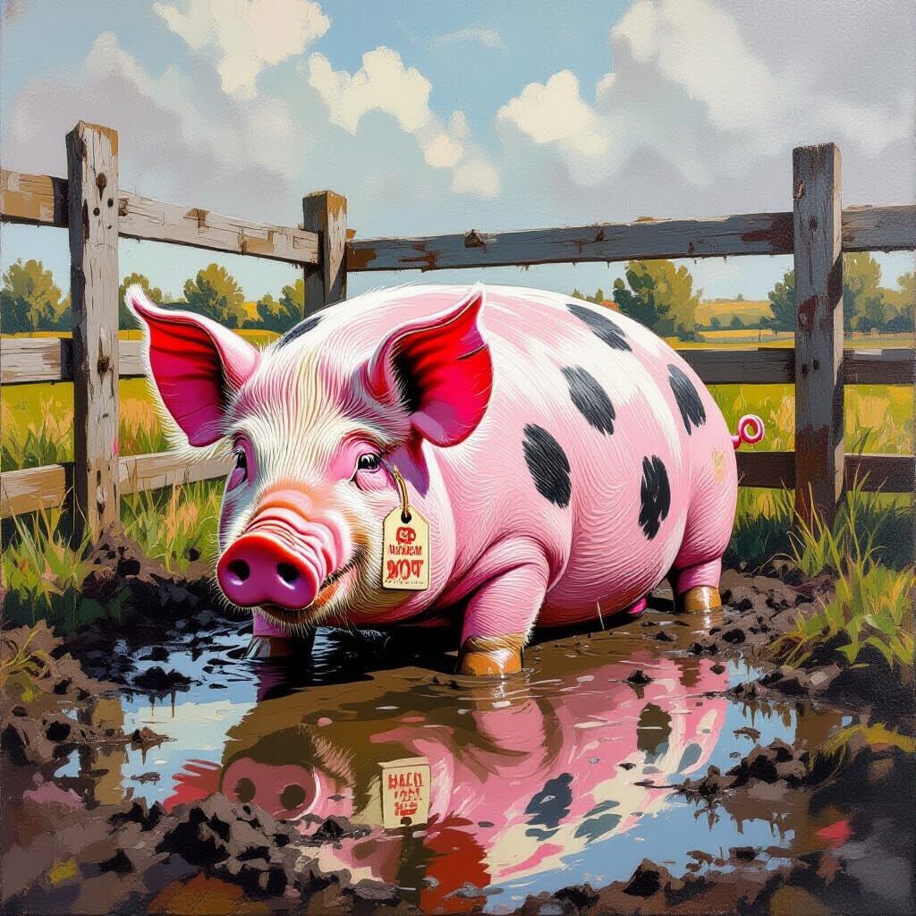 Pink Pig in Mud Puddle with Impasto Background