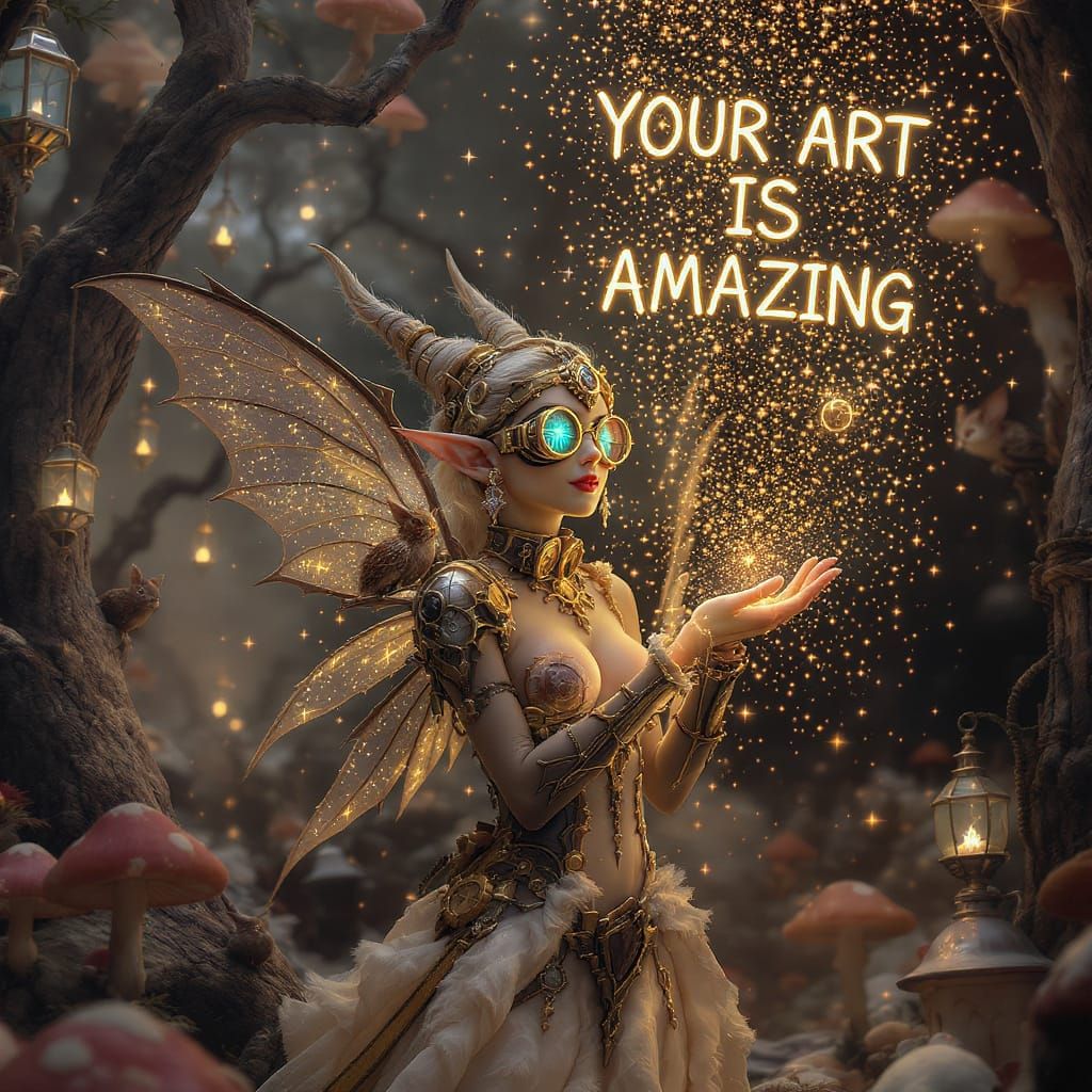 Steampunk Elf in Enchanted Forest with Mechanical Companions