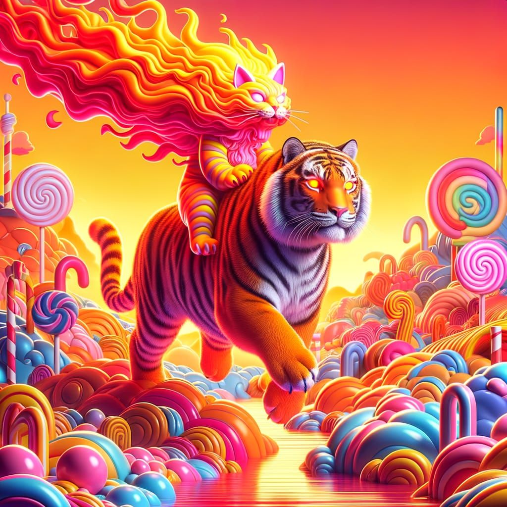 Flaming Cat Rides Tiger Through Candy Land