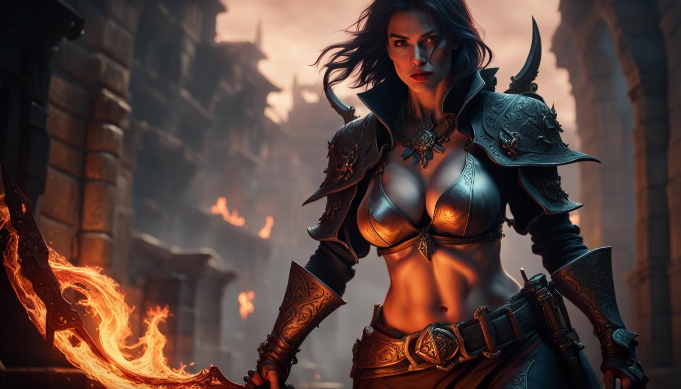 Hyperrealistic Female Rogue with Flame Daggers