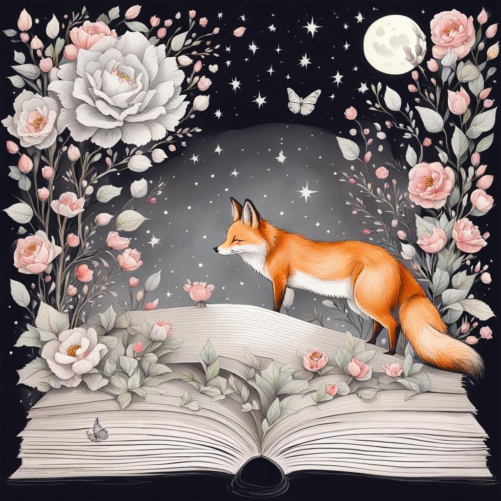 Fox and Butterfly in Naive Art Style