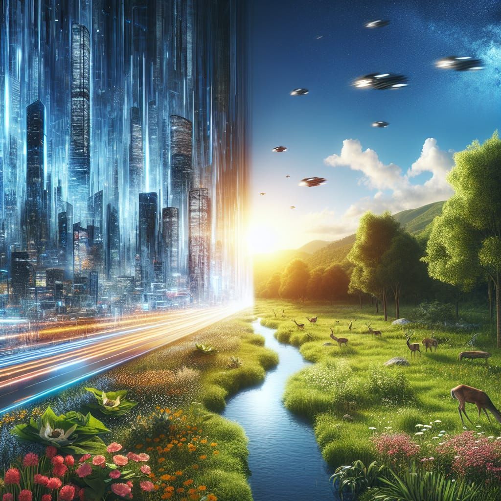 Dual Realities: Futuristic City Meets Lush Forest