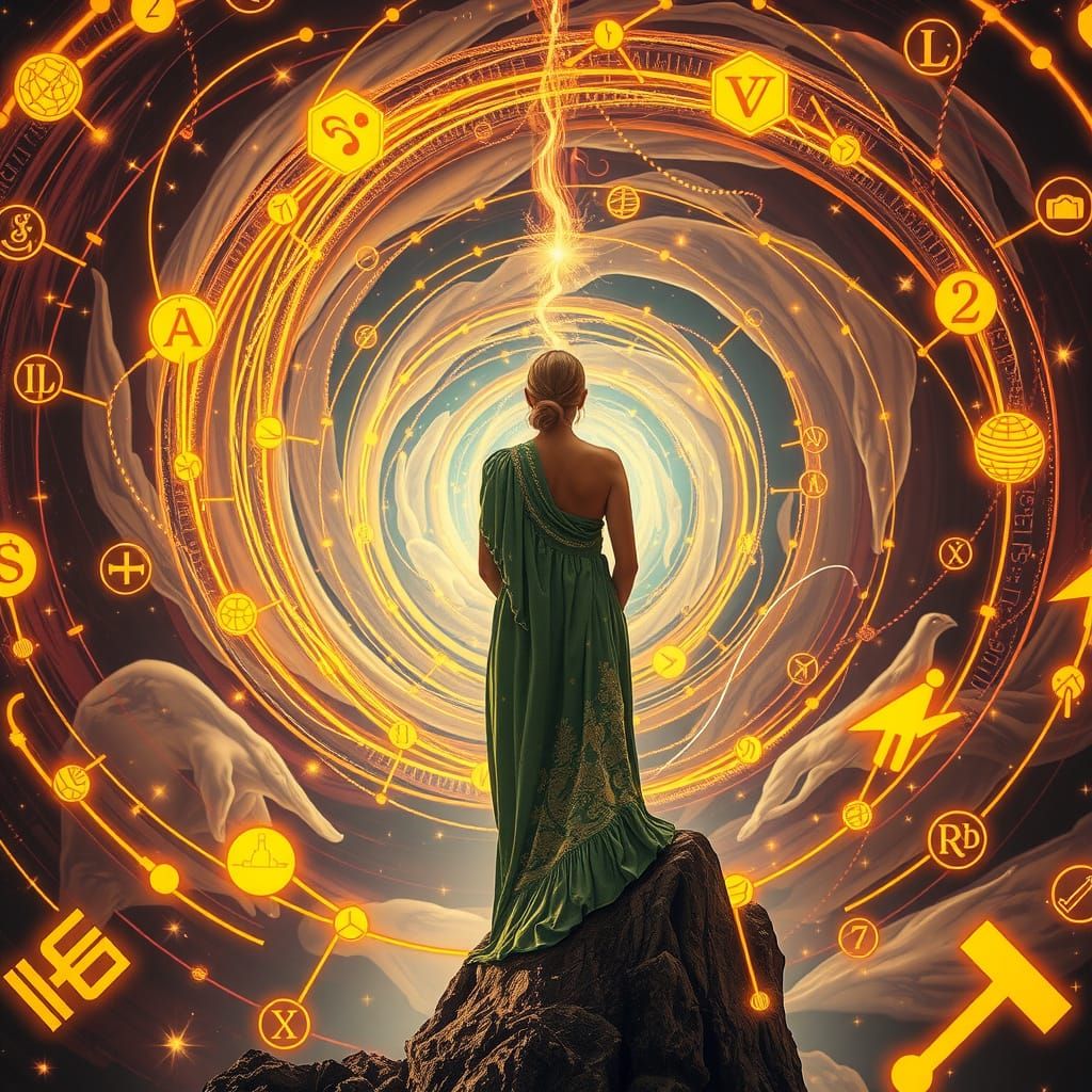 Woman in Vortex of Symbols: Digital Art