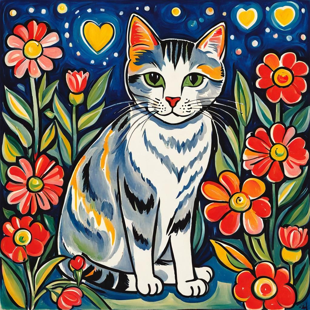 Cat Surrounded by Flowers in Expressionist Style