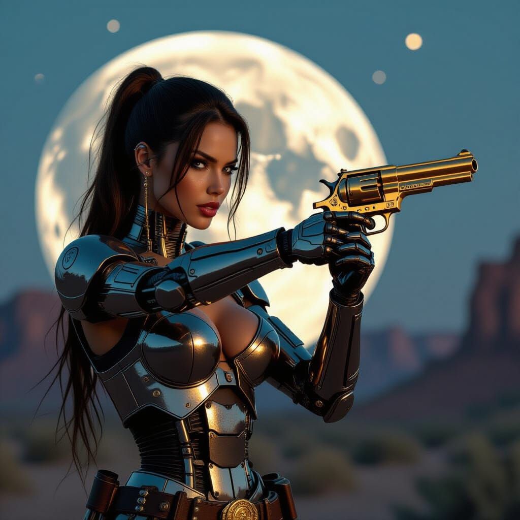 Cyborg Gunslinger in Cybernetic Wild West Moonlight