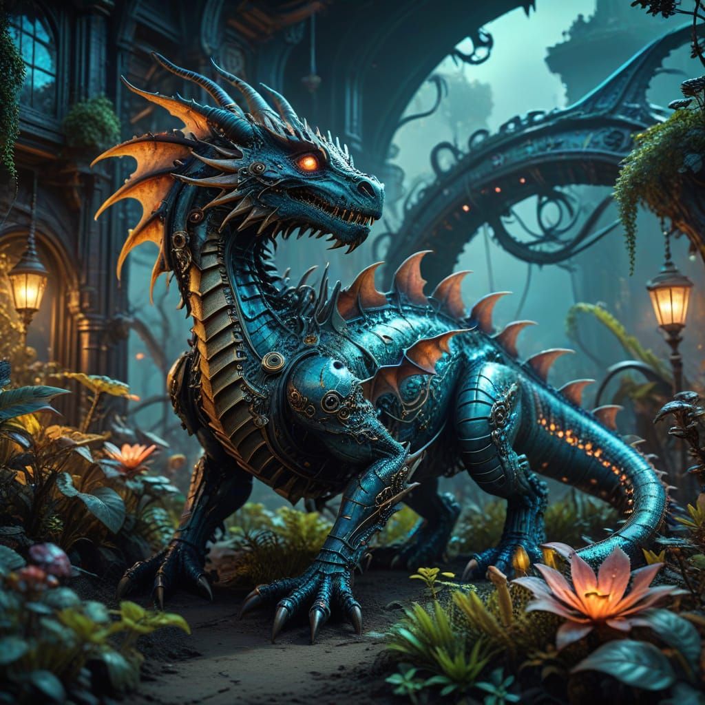 Clockwork Dragon Gardening on Alien Planet, Steampunk Style
