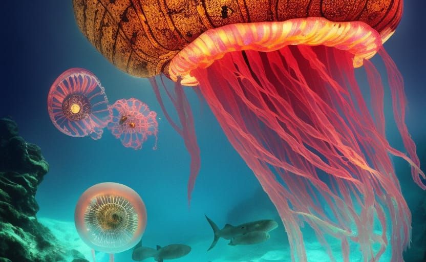 Glowing Jellyfish Surround Submarine in Fantasy Setting
