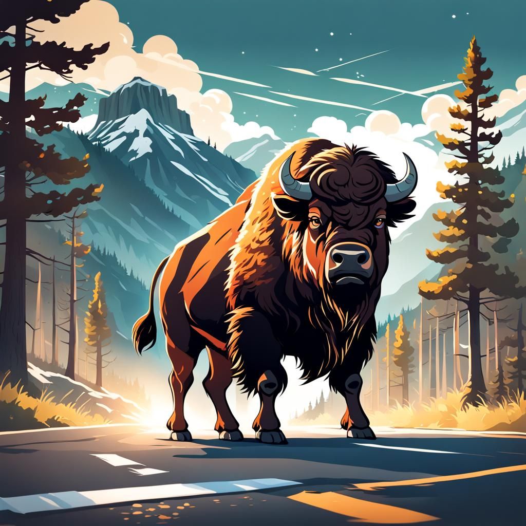 Chibi Bison Blocks Road in Yellowstone: Anime Style