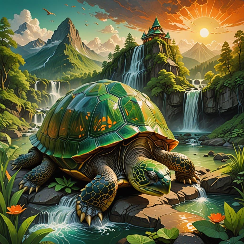 Transparent Turtle Shell Reveals Mountain Paradise