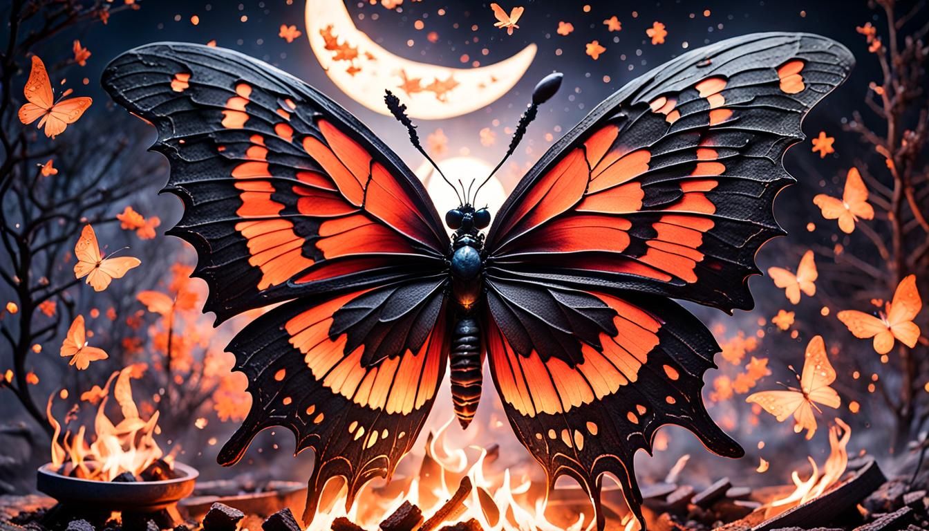 Gothic Black Butterfly Dances in Firepit Under Cosmos
