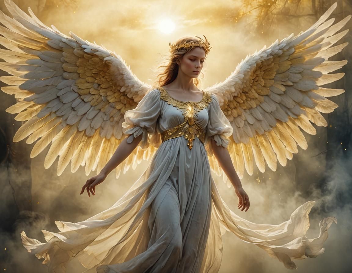 Six-Winged Angel in Golden Light: Vibrant Digital Art