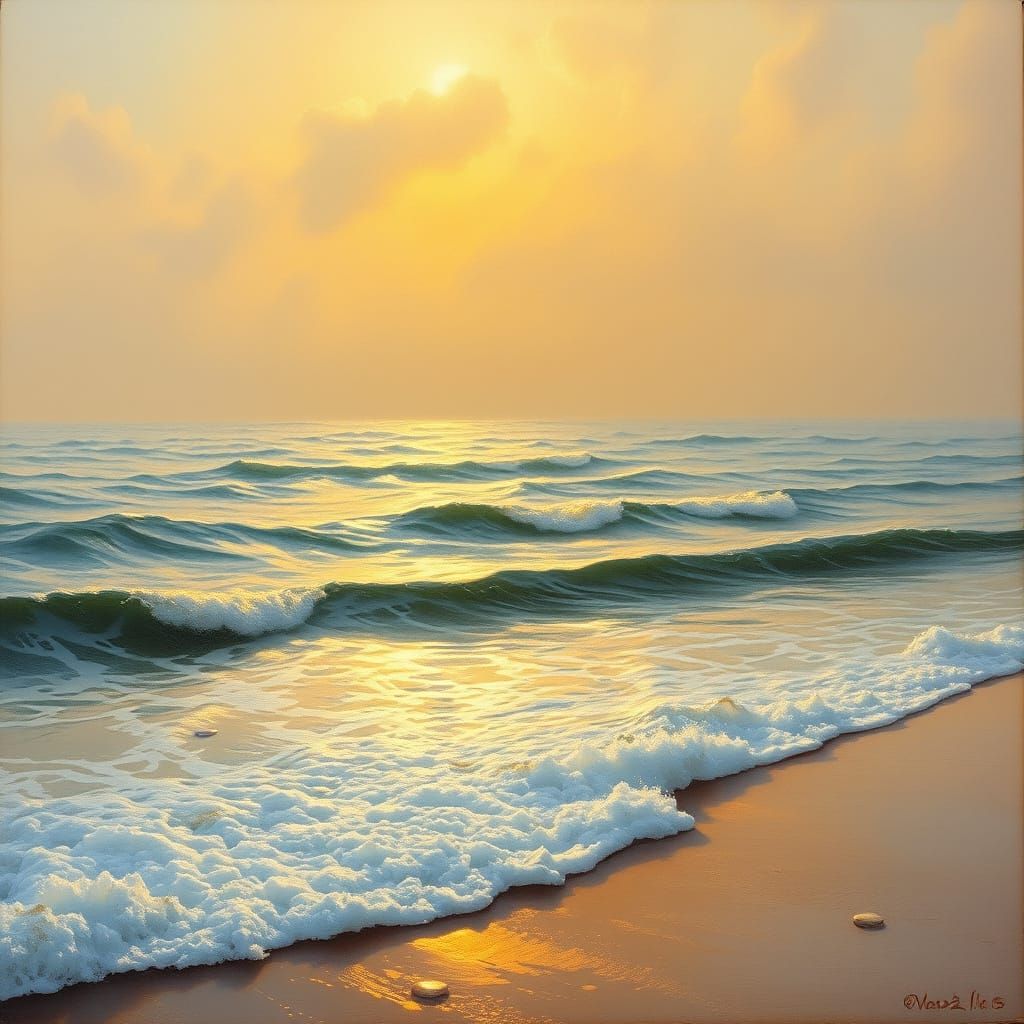 Golden Hour Ocean Landscape in Dreamy Realism Style