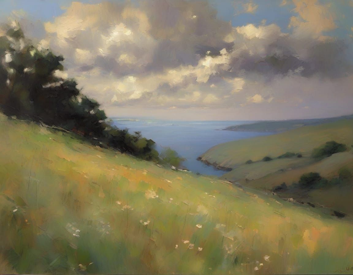 Impressionist Ocean View from Cliffside, Monet Style