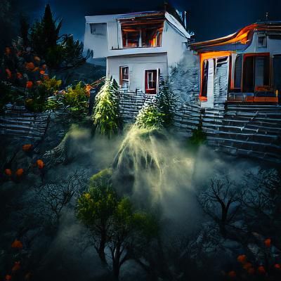 Mystic Halloween Horror House in Ghostly Night Scene