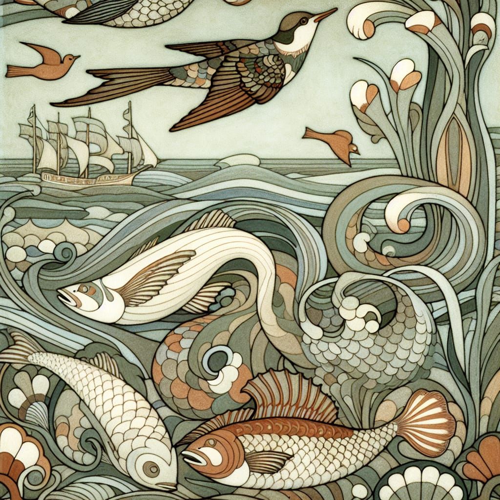 Nautical Art Nouveau Pattern with Fish and Birds