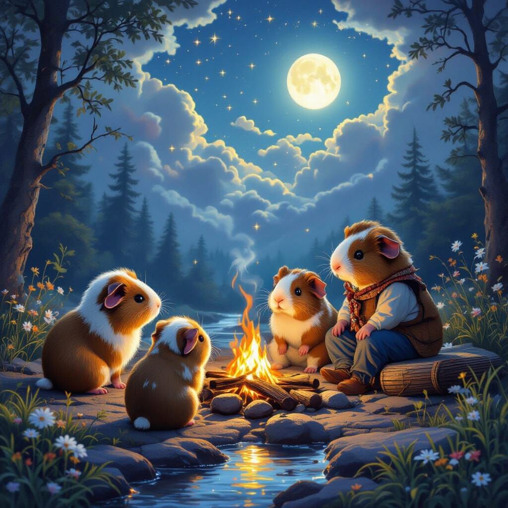 Guinea Pig Class Around Campfire Under Starry Sky