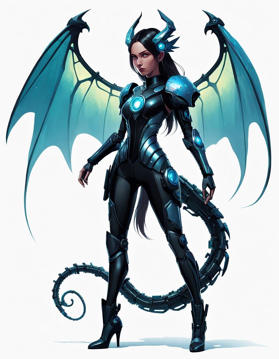 Cyberpunk Fantasy Girl with Dragon Wings and Robotic Arm