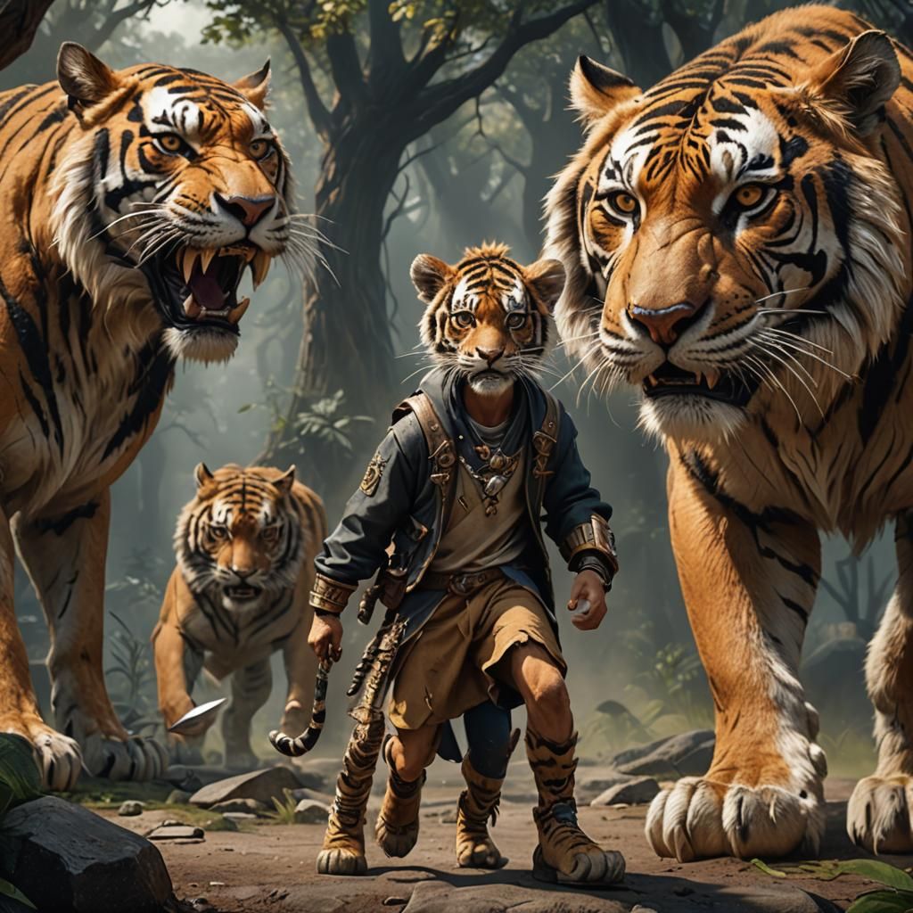 Boy in Saber-Tooth Tiger Costume, Detailed Digital Art