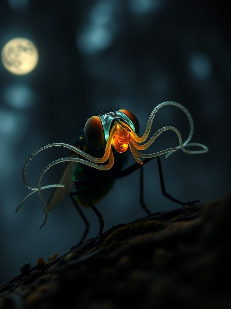 Surreal Macro Fly with Bioluminescent Tentacles
