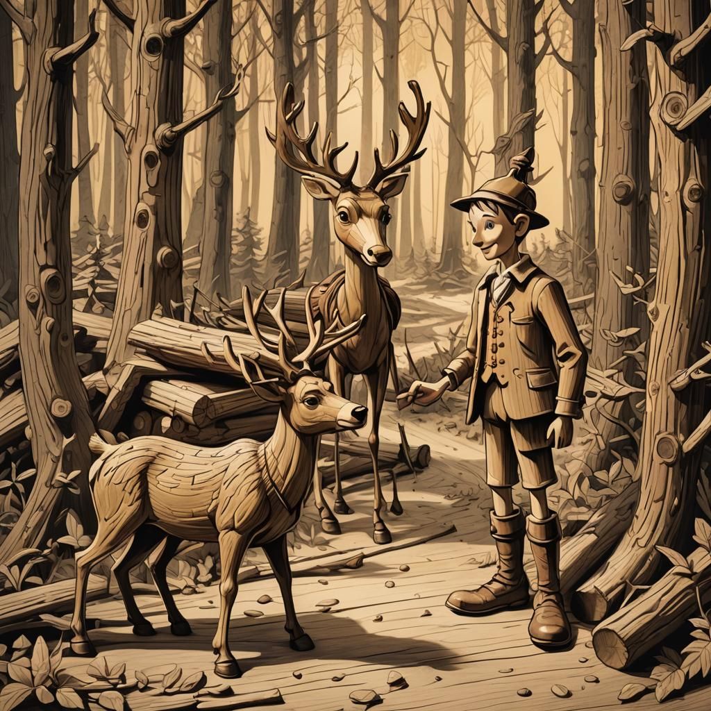 Pinocchio and Reindeer in Winter Forest, Woodcut Style