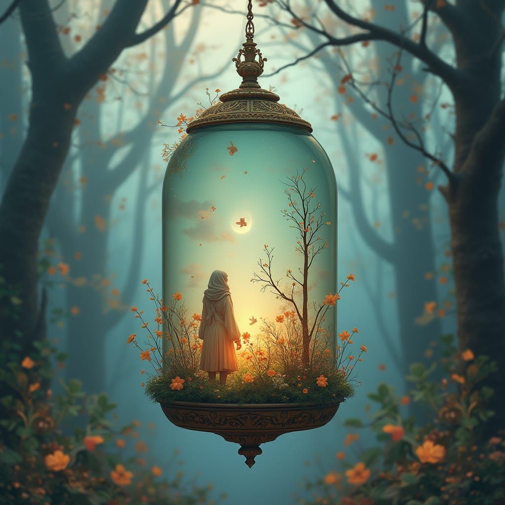 Mystical Scene in Glass Capsule: Dreamlike Digital Art