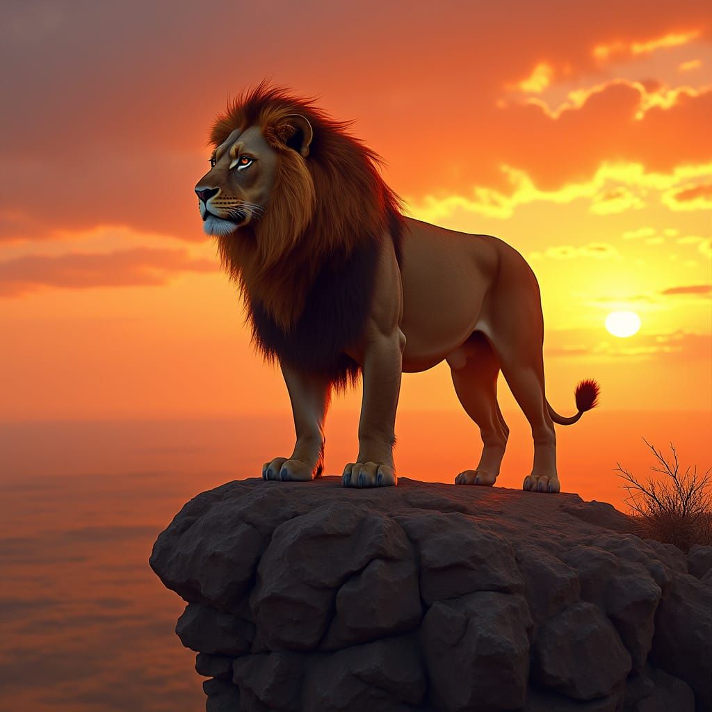 Fiery Lion Overlooks Sunset Savanna in Hyperrealism Style