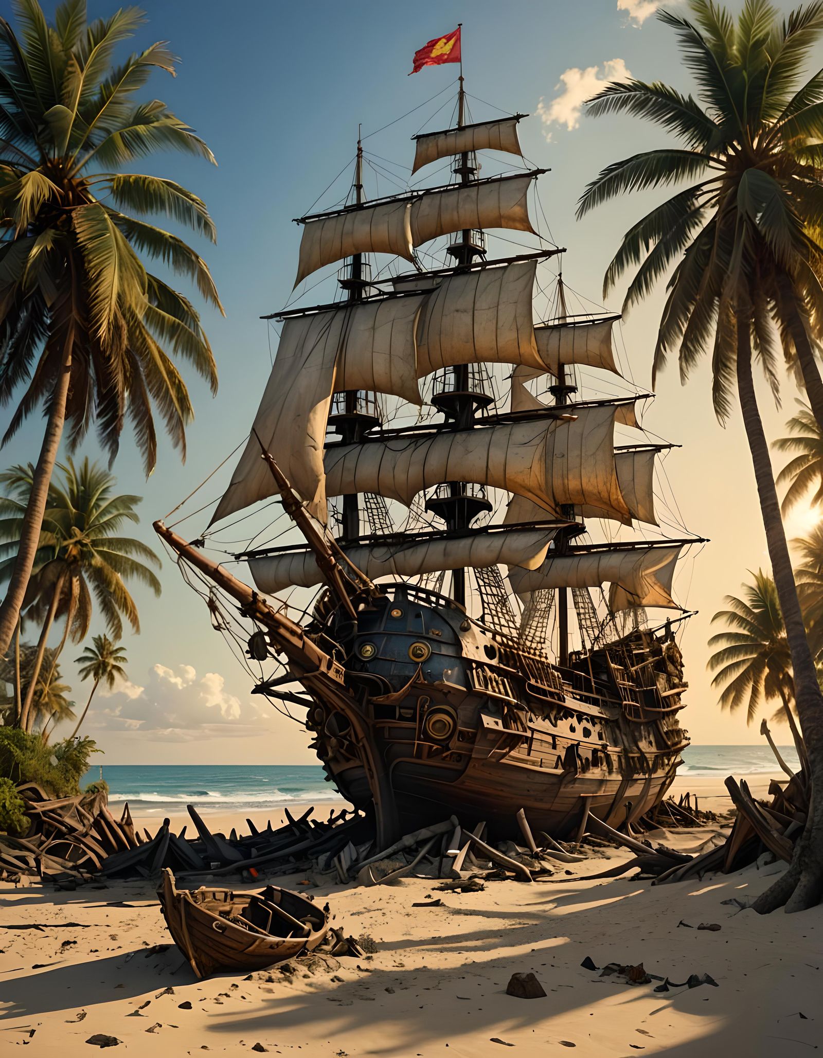 Steampunk Robot Galleon Shipwreck at Sunset