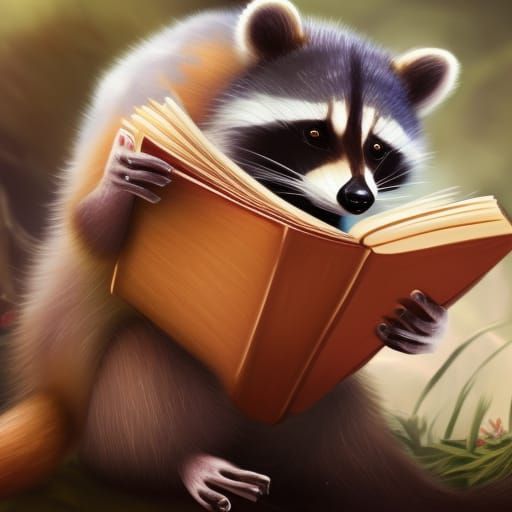 Adorable Raccoon Reading a Book: Digital Painting